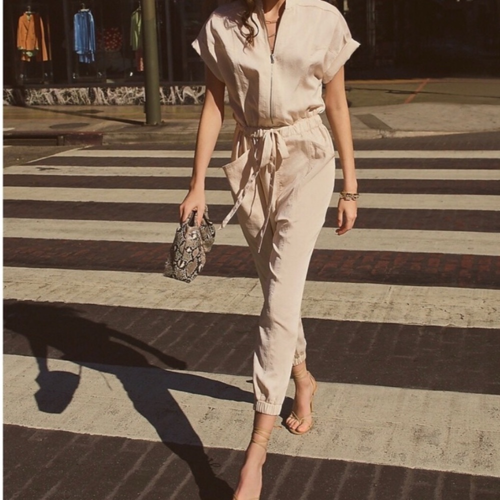 Express Zip Front Utility Jumpsuit | Size 16 | Beige One Piece | Cinched Waist